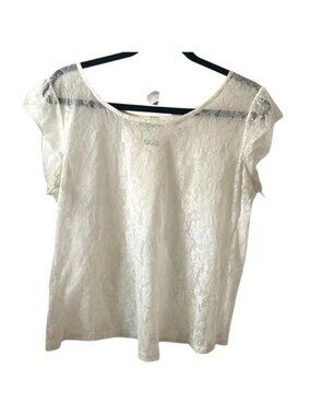 White Lace Short Sleeve Top With Ruffle Detail & Open Back Design By Alex & Jane